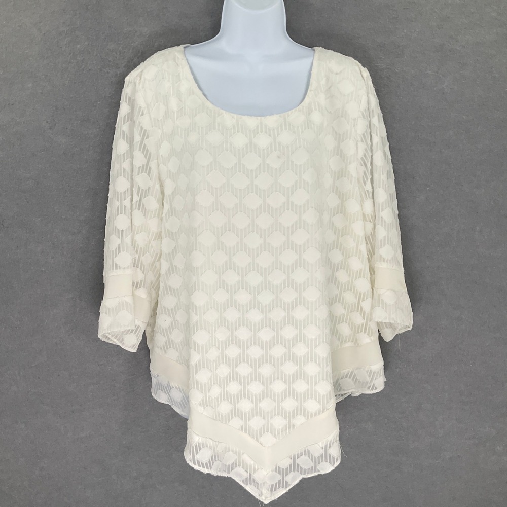 Alfani Top Sz XXL White Geometric Textured Overlay Square Neck 3/4 Sleeve‎ Flowy